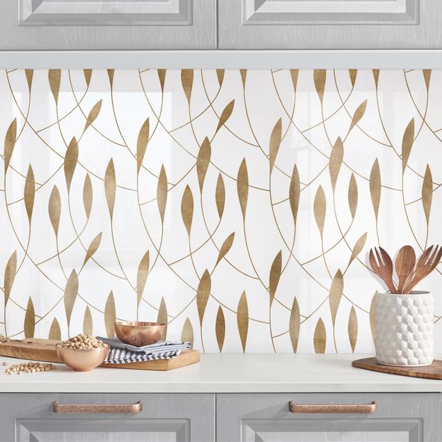Wanddeko Küche Natürliches Muster schwungvolle Blätter in Gold II