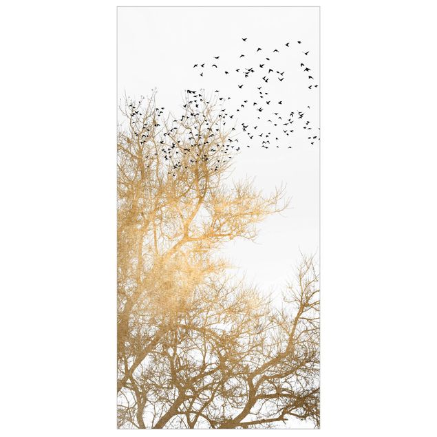 Wanddeko Flur Vogelschwarm vor goldenem Baum