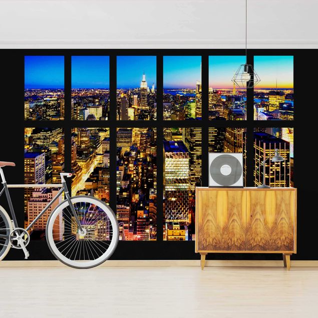 Wanddeko 3D Fensterblick Manhattan Skyline bei Nacht