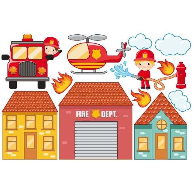 Wanddeko Jungenzimmer Feuerwehr-Set mit Häusern