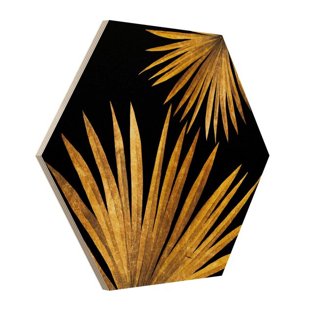 Wanddeko Esszimmer Gold - Palmenblatt auf Schwarz