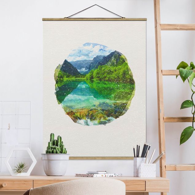 Wanddeko beige Wasserfarben - Bergsee mit Spiegelung