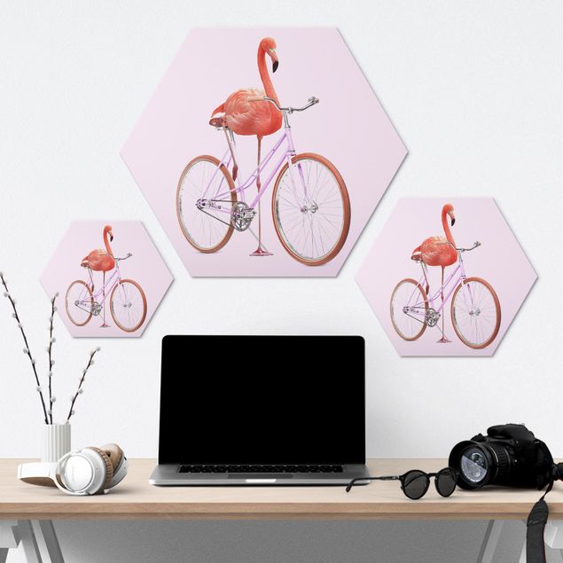 Wanddeko über Bett Flamingo mit Fahrrad