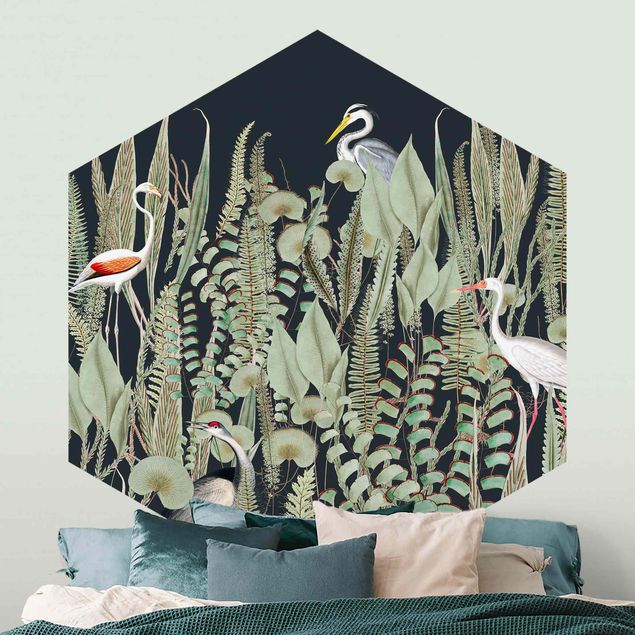 Wanddeko Schlafzimmer Flamingo und Storch mit Pflanzen auf Grün