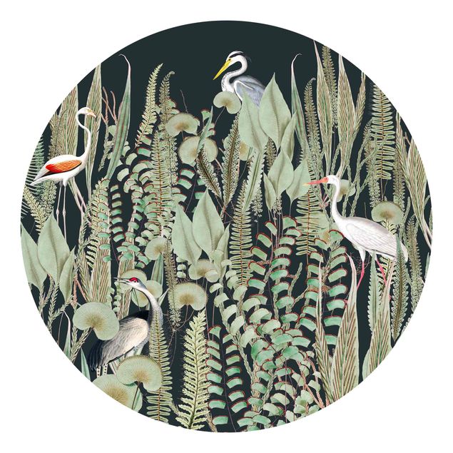 Wanddeko Flur Flamingo und Storch mit Pflanzen auf Grün