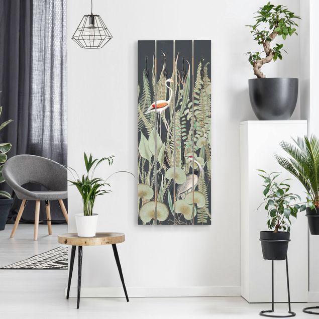 Wanddeko Büro Flamingo und Storch mit Pflanzen auf Grün