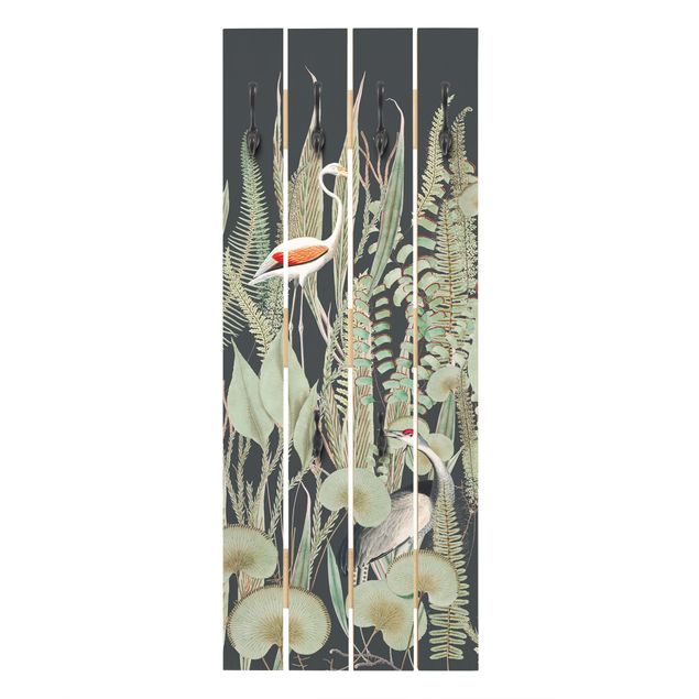 Wanddeko Treppenhaus Flamingo und Storch mit Pflanzen auf Grün