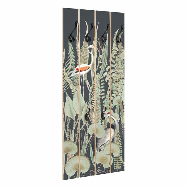 Wanddeko Tropisch Flamingo und Storch mit Pflanzen auf Grün