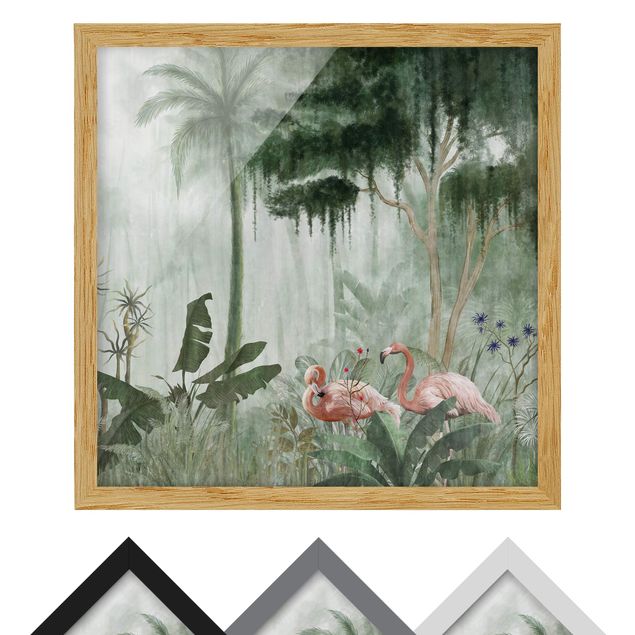 Wanddeko über Sofa Flamingos im Dschungel