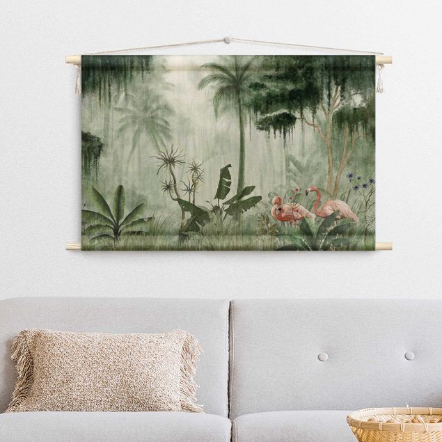 Wanddeko Esszimmer Flamingos im Dschungel
