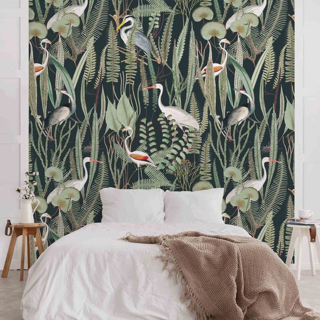 Wanddeko Schlafzimmer Flamingos und Störche mit Pflanzen auf Grün