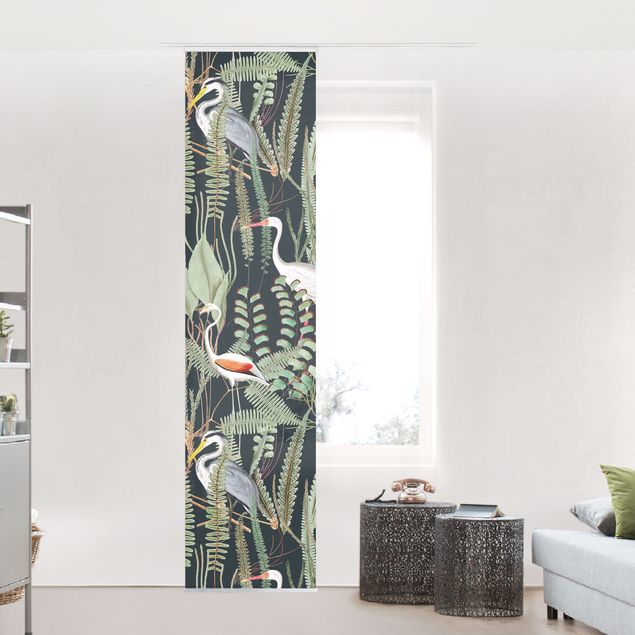 Wanddeko Wohnzimmer Flamingos und Störche mit Pflanzen auf Grün