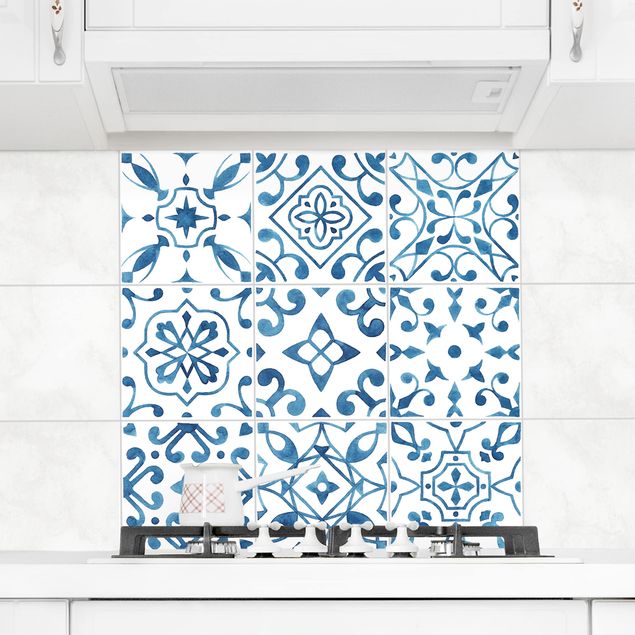 Wanddeko Küche Muster Blau Weiß Set