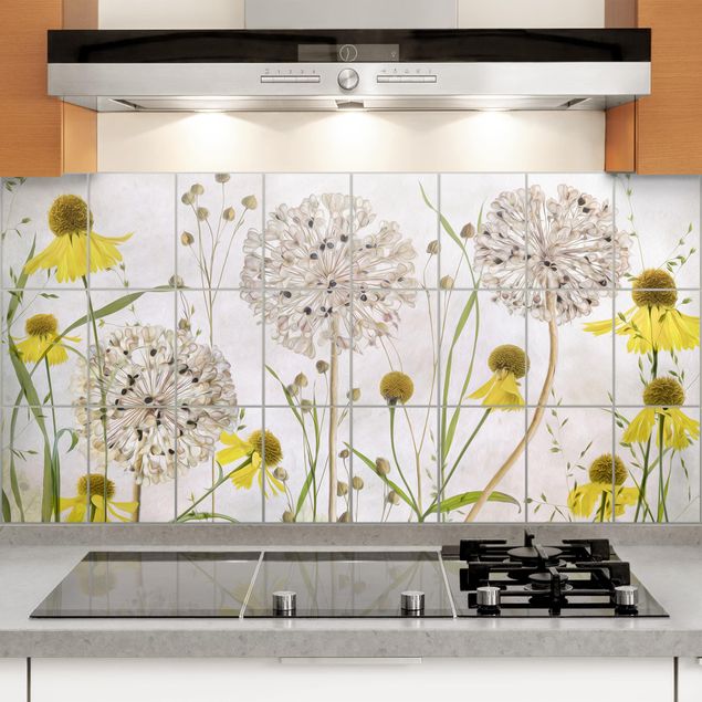 Wanddeko Küche Allium und Helenium Illustration
