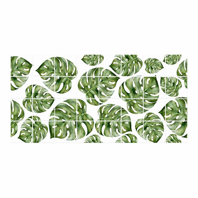 Klebefliesen grün Aquarell Monstera Blätter