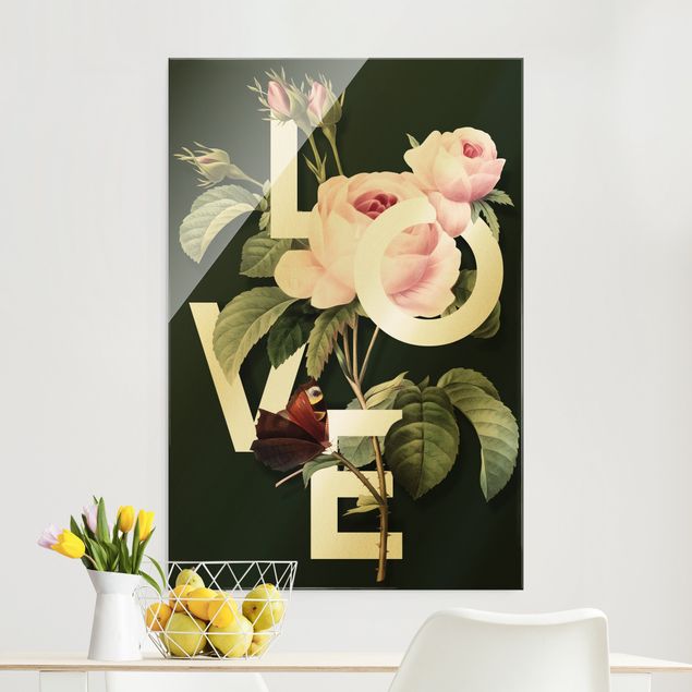 Glasbilder Rosen Florale Typografie - Love