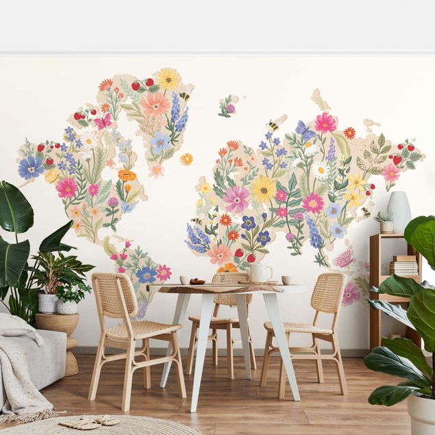 Wanddeko Wohnzimmer Florale Weltkarte