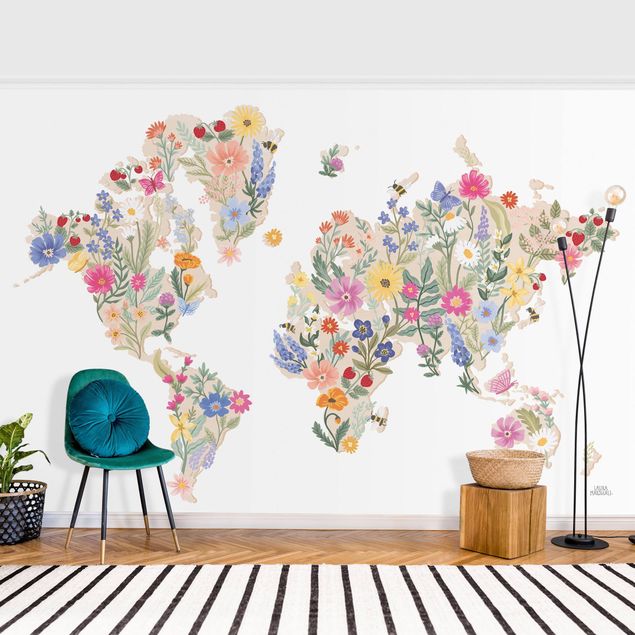 Wanddeko Schlafzimmer Florale Weltkarte