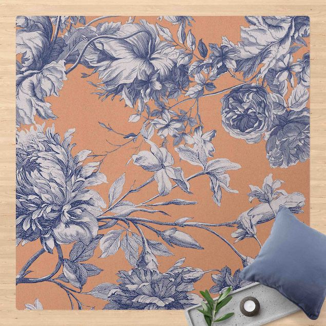 Wanddeko Schlafzimmer Floraler Kupferstich Geflecht Königsblau