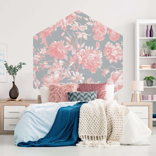 Wanddeko Schlafzimmer Floraler Kupferstich Rosagrau