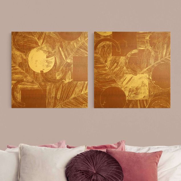 Wanddeko über Sofa Formen und Blätter Kupfer