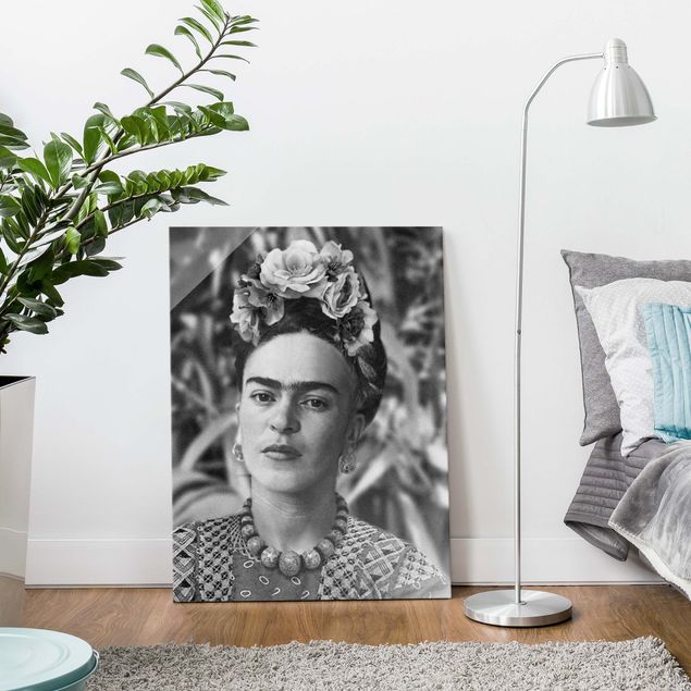 Wanddeko schwarz-weiß Frida Kahlo Foto Portrait mit Blumenkrone
