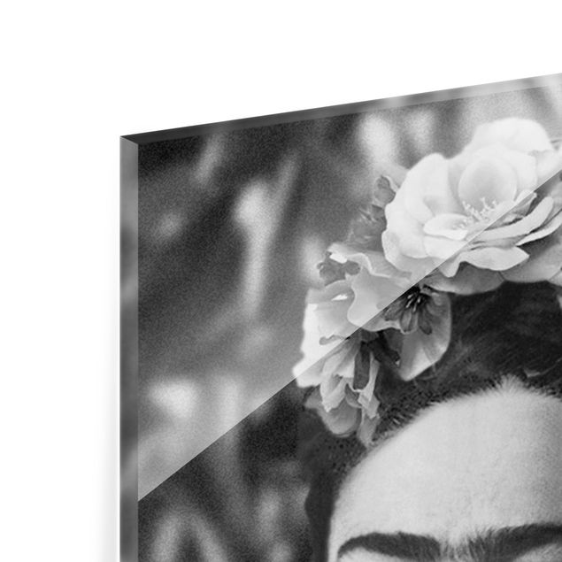schwarz weiß Glasbilder Frida Kahlo Foto Portrait mit Blumenkrone