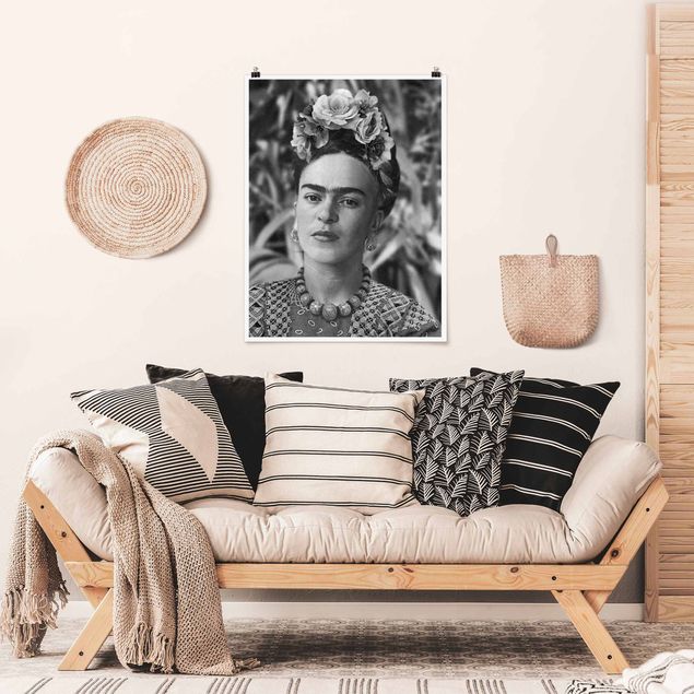 Wanddeko schwarz-weiß Frida Kahlo Foto Portrait mit Blumenkrone