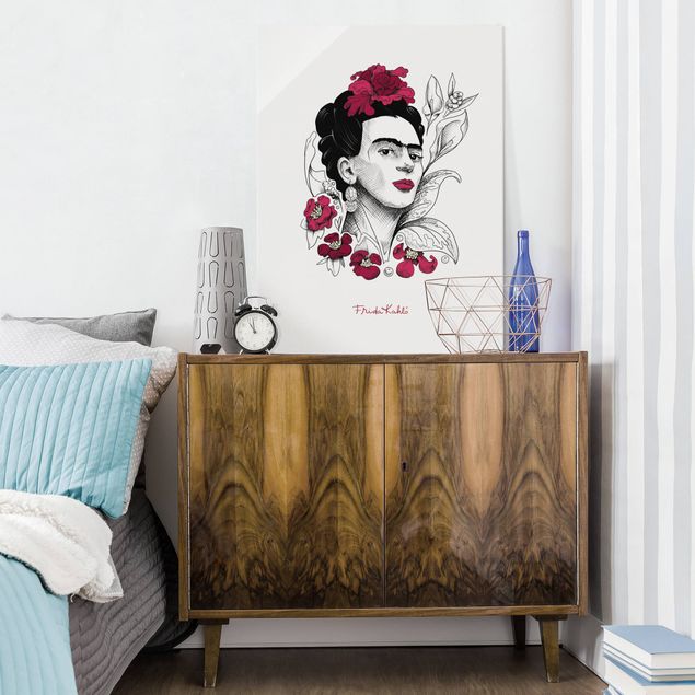 Wanddeko pink Frida Kahlo Portrait mit Blüten