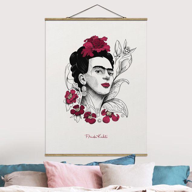 Wanddeko Wohnzimmer Frida Kahlo Portrait mit Blüten