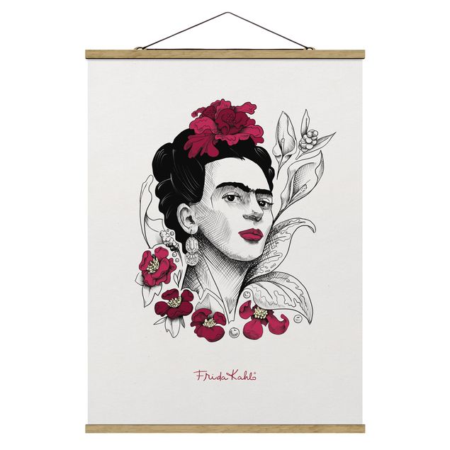 Wanddeko über Sofa Frida Kahlo Portrait mit Blüten