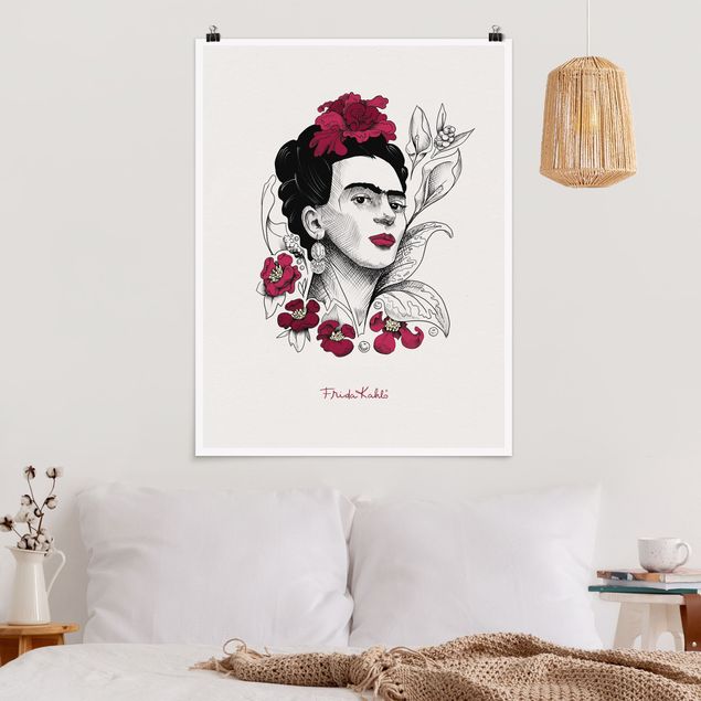Wanddeko Büro Frida Kahlo Portrait mit Blüten