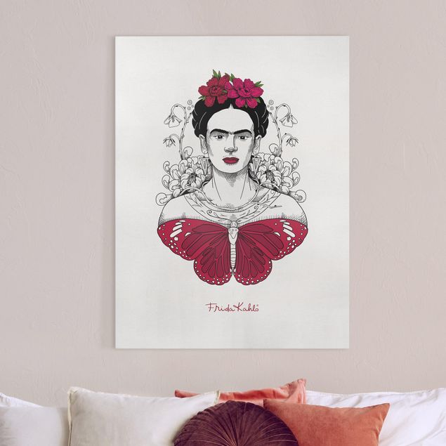 Wanddeko Wohnzimmer Frida Kahlo Portrait mit Blüten und Schmetterling