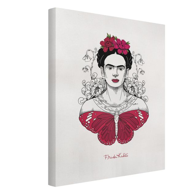 Wanddeko pink Frida Kahlo Portrait mit Blüten und Schmetterling