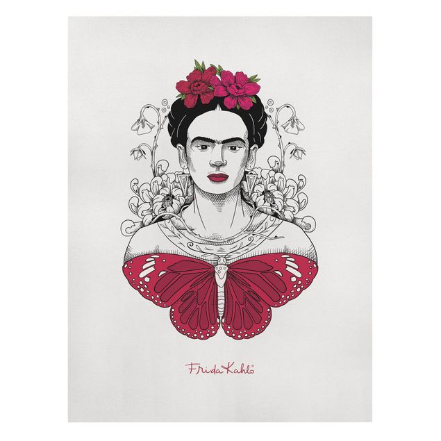 Wandbilder Schmetterlinge Frida Kahlo Portrait mit Blüten und Schmetterling