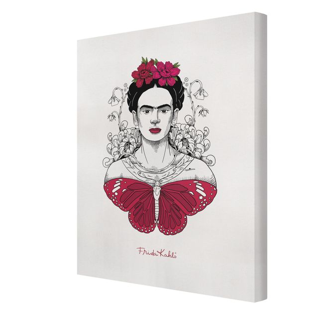 Wanddeko über Sofa Frida Kahlo Portrait mit Blüten und Schmetterling