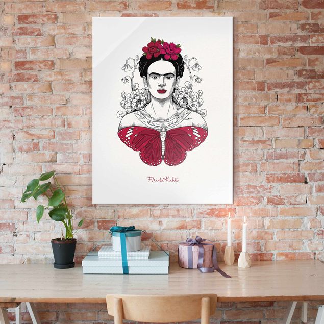 Wanddeko Büro Frida Kahlo Portrait mit Blüten und Schmetterling