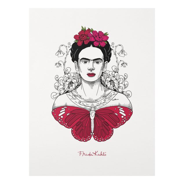 Wanddeko Praxis Frida Kahlo Portrait mit Blüten und Schmetterling