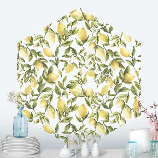Wanddeko gelb Fruchtige Zitronen mit Blättern