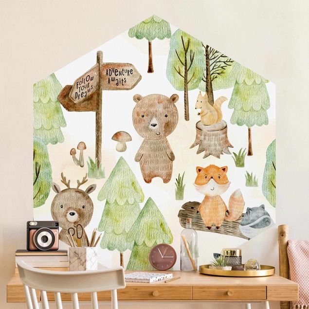 Wanddeko grün Fuchs und Bär mit Bäumen