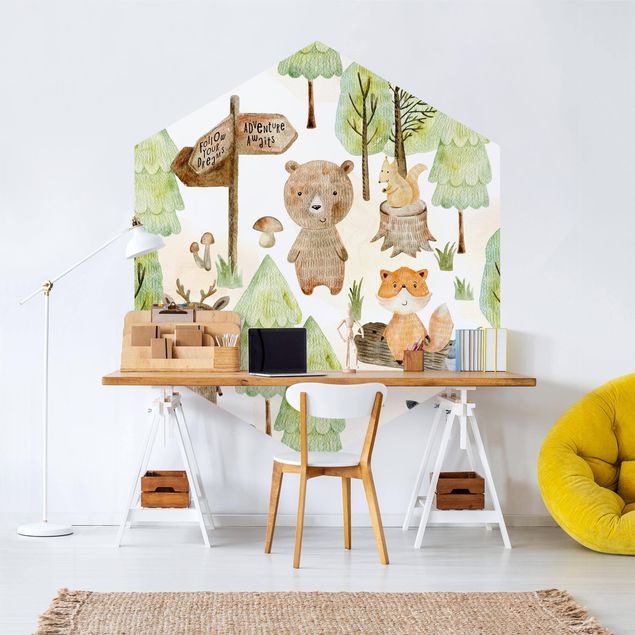 Wanddeko Büro Fuchs und Bär mit Bäumen