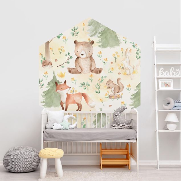 Wanddeko Babyzimmer Fuchs und Bär mit Blumen und Bäumen
