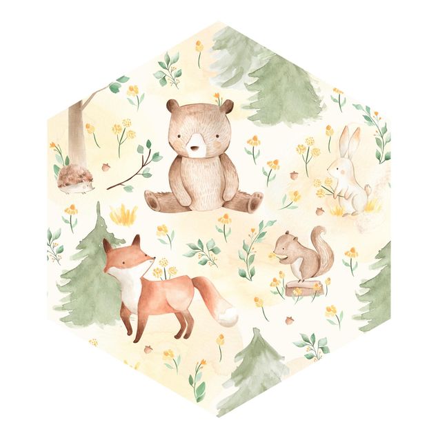 Wanddeko Jungenzimmer Fuchs und Bär mit Blumen und Bäumen