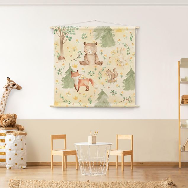 Wandbilder Bären Fuchs und Bär mit Blumen und Bäumen