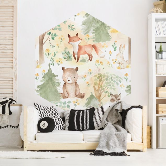 Wanddeko Babyzimmer Fuchs und Hase mit Bäumen