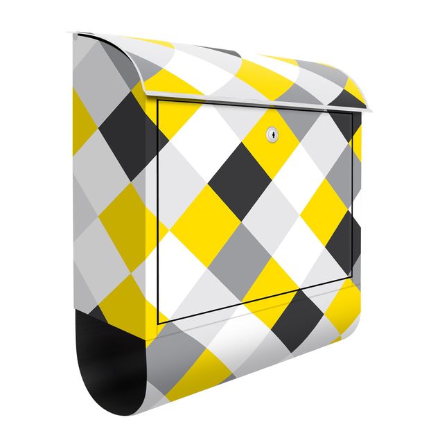 Wanddeko grau Geometrisches Muster gedrehtes Schachbrett Gelb