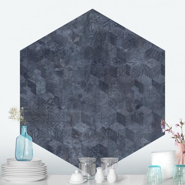 Tapete geometrisch Geometrisches Vintage Muster mit Ornamenten Blau