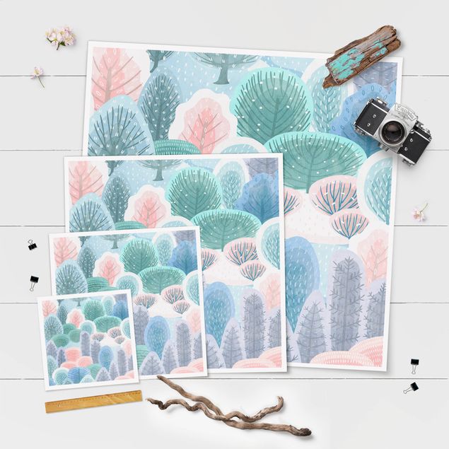 Wandbilder Bäume Glücklicher Wald in Pastell