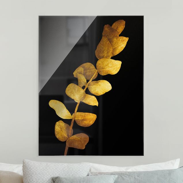 Wanddeko gold Gold - Eukalyptus auf Schwarz