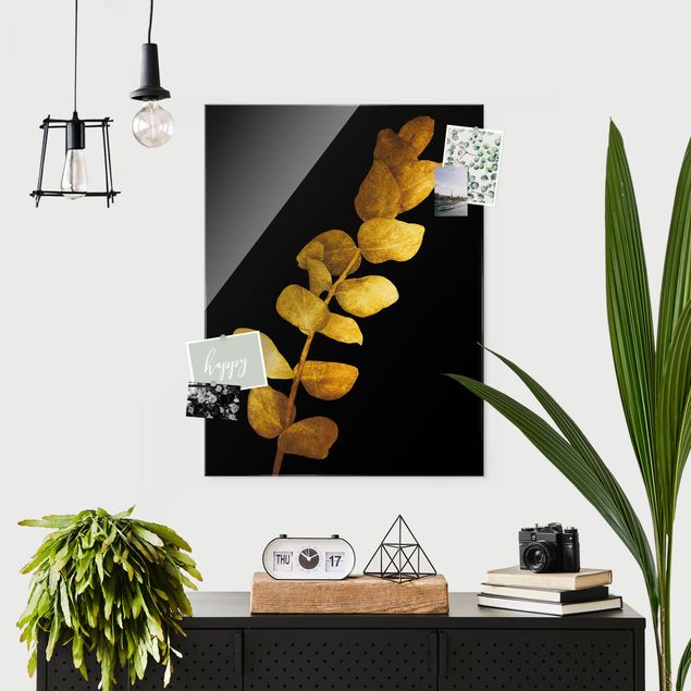 Wanddeko Schlafzimmer Gold - Eukalyptus auf Schwarz